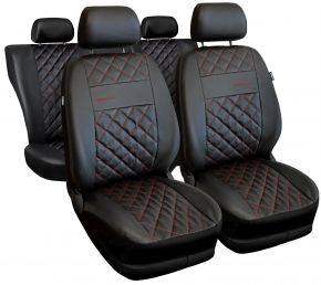 Set schwarze Universal Perfect Line Autositzbezüge aus Öko-Leder mit roten Nähten – kompatibel mit LAND ROVER FREELANDER