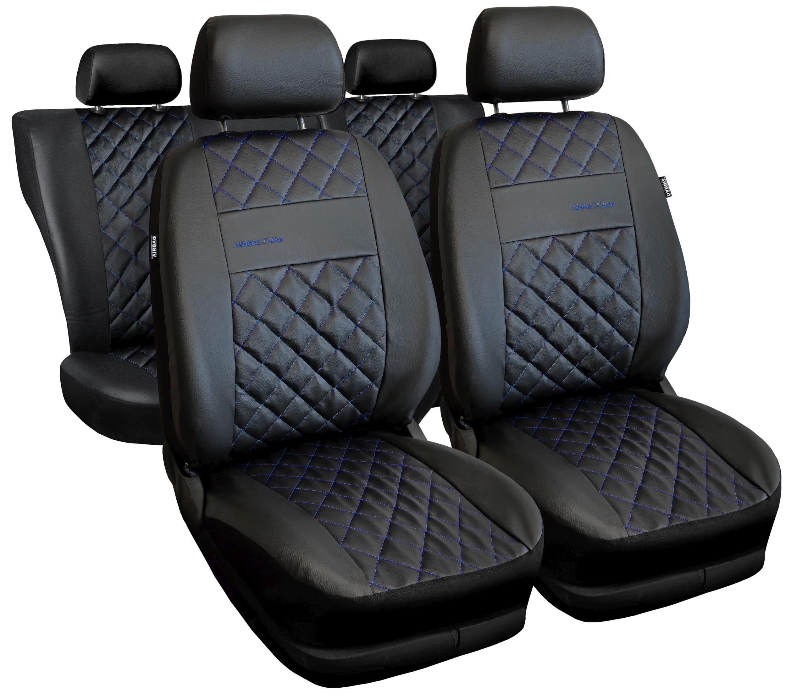 Universal Autositzbezüge Perfect Line Set in Schwarz mit blauen Nähten