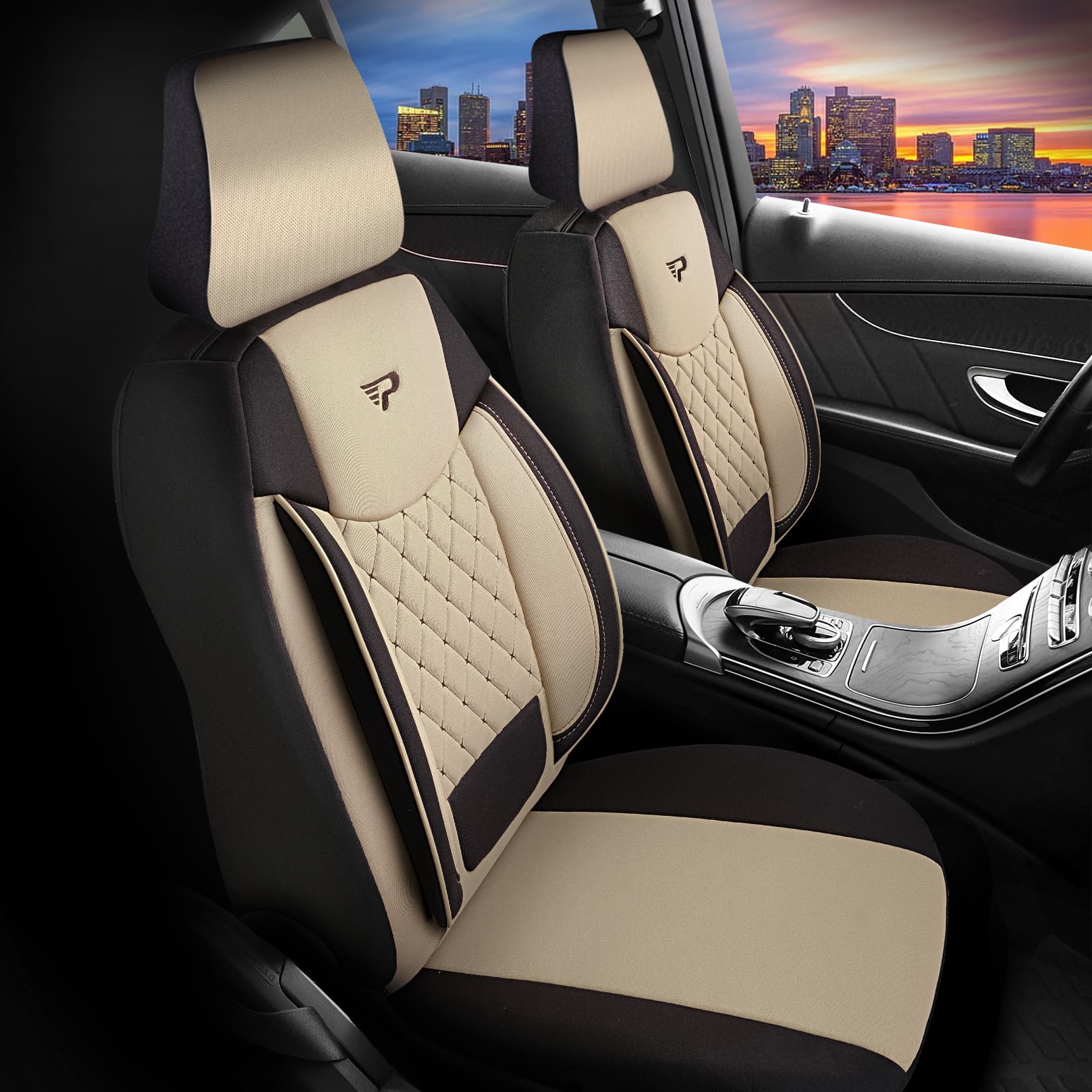 Sitzbezüge BRUSEL beige-schwarz im Fahrzeuginnenraum
