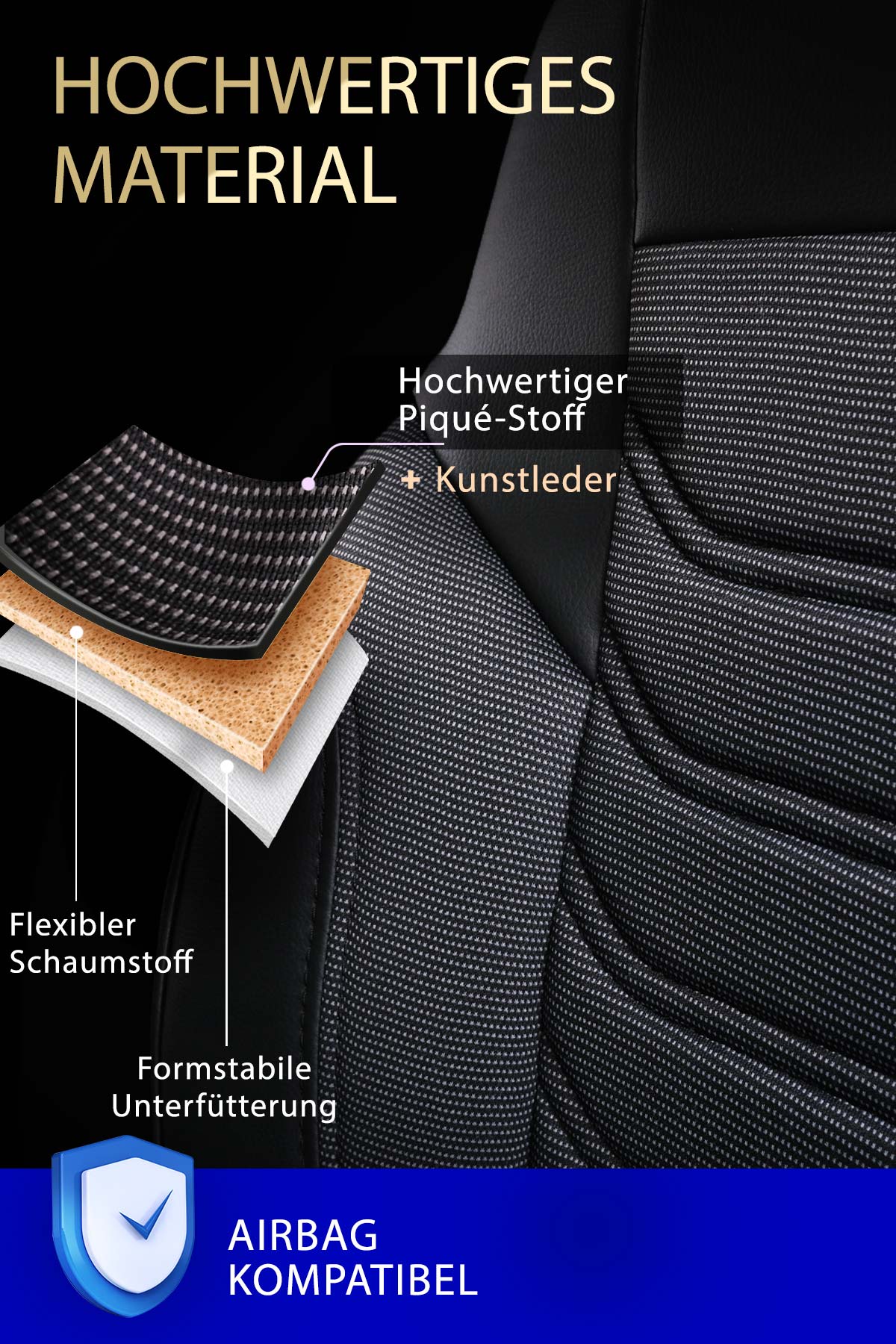 Materialdetail der FLORIDA VAN Sitzbezüge – Piqué-Stoff und Kunstleder